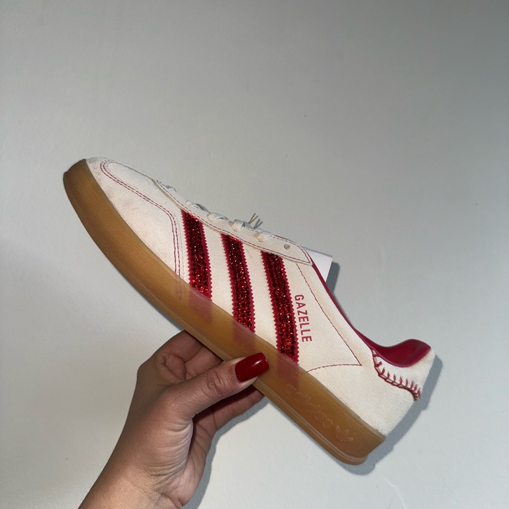 Adidas Women's Gazelle Red Rhinestone and White Sneakers